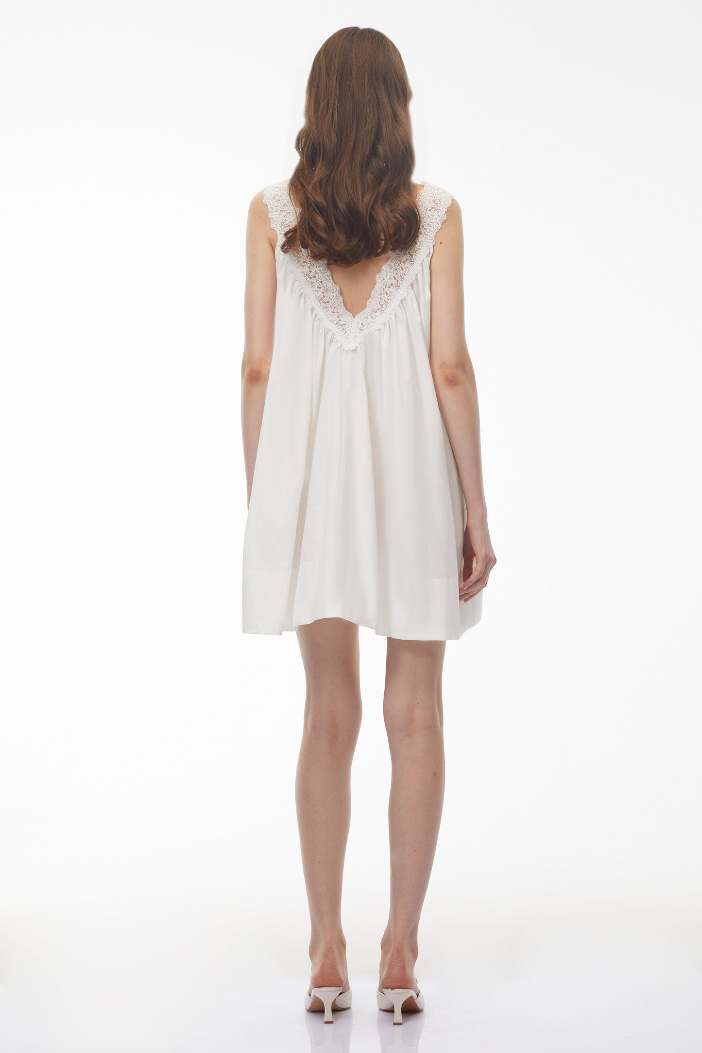 Kátia White Ruched Mini Dress with Lace Trim