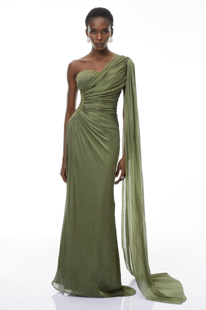 Katrin Green One Shoulder Ruched Maxi Dress