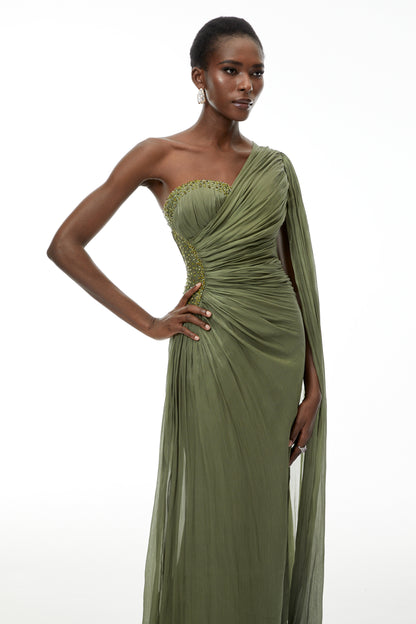 Katrin Green One Shoulder Ruched Maxi Dress