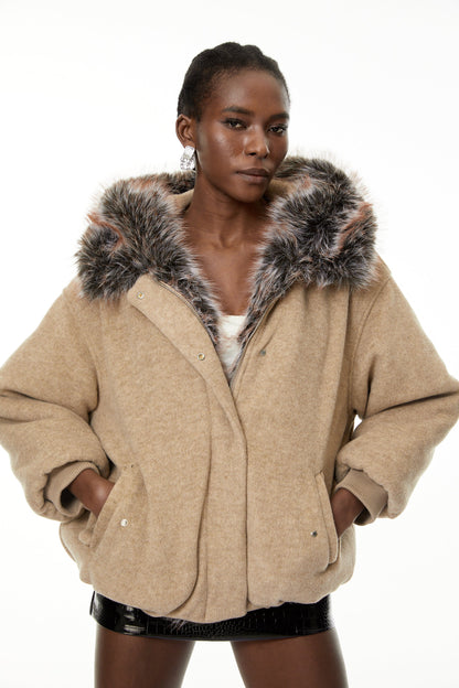 Kehlani Neutral Faux-Fur Trim Coat