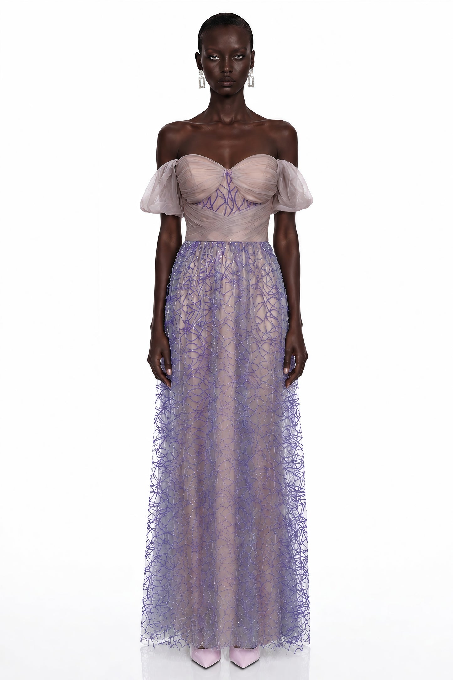Kepler Purple Sequin Ruched Maxi Dress with Puff Sleeves