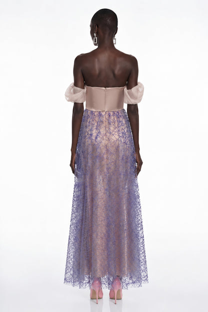 Kepler Purple Sequin Ruched Maxi Dress with Puff Sleeves