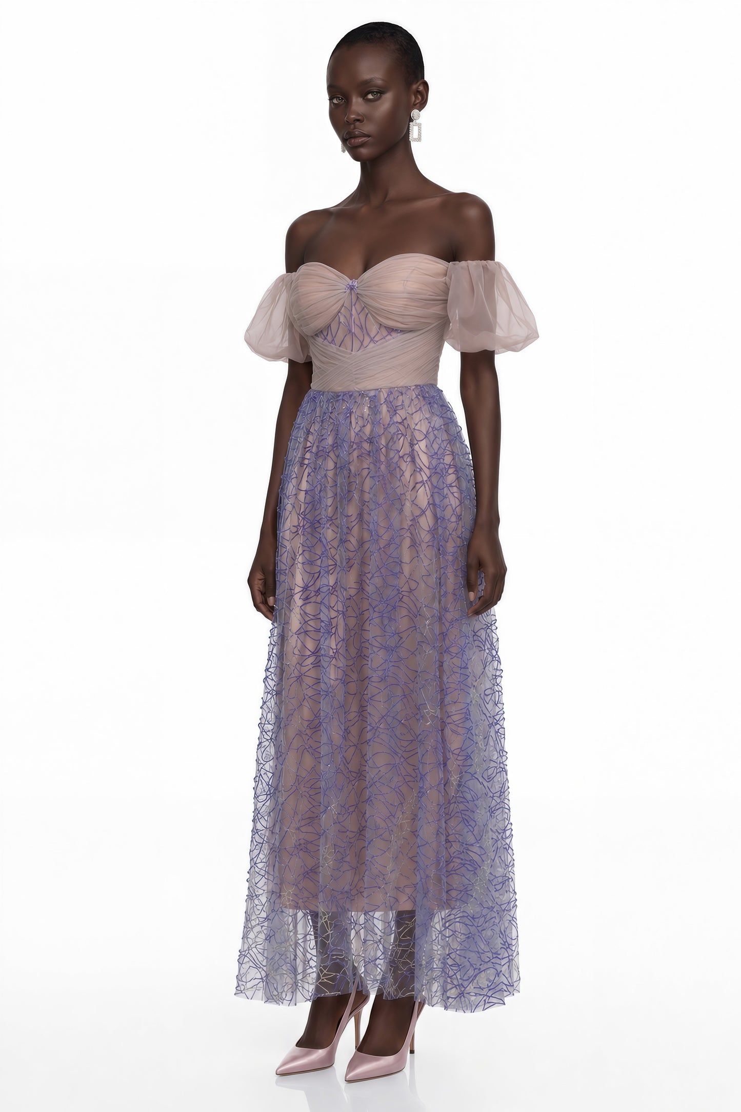 Kepler Purple Sequin Ruched Maxi Dress with Puff Sleeves