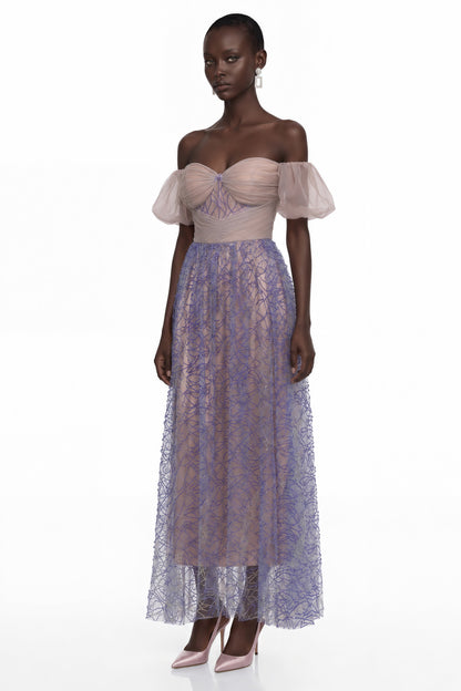 Kepler Purple Sequin Ruched Maxi Dress with Puff Sleeves