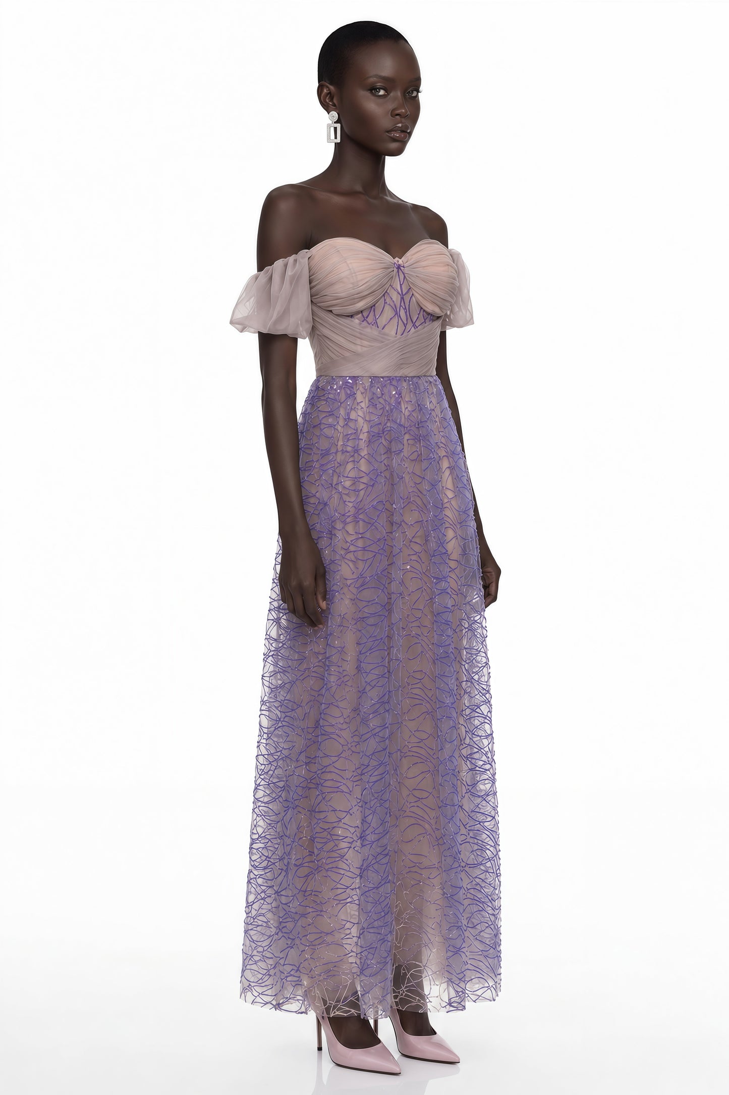 Kepler Purple Sequin Ruched Maxi Dress with Puff Sleeves
