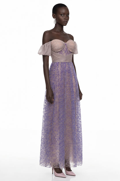 Kepler Purple Sequin Ruched Maxi Dress with Puff Sleeves