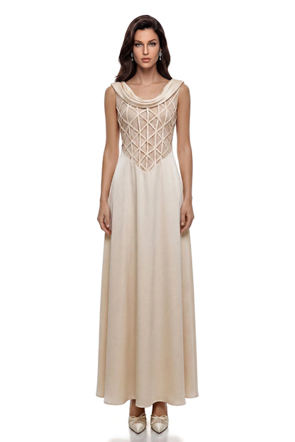 Khadija Champagne Draped Satin Maxi Dress