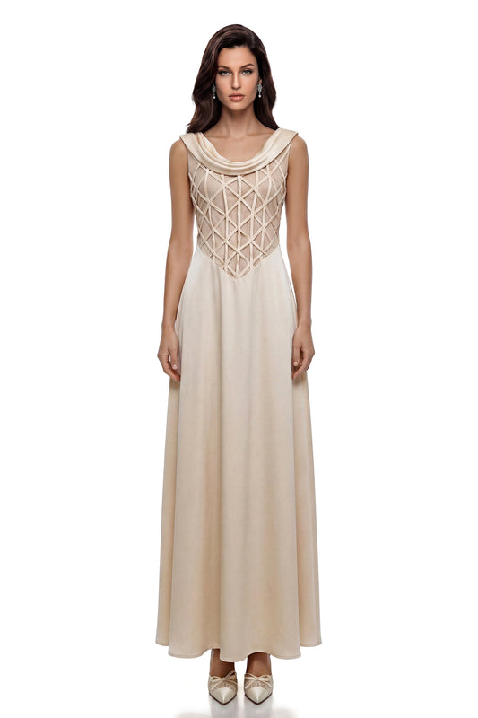 Khadija Champagne Draped Satin Maxi Dress