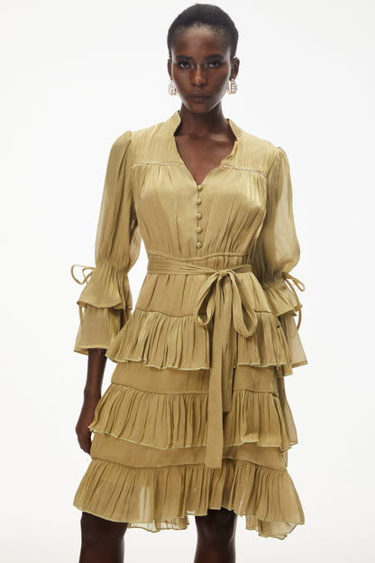 Kirke Green Ruffled Mini Dress with Bow