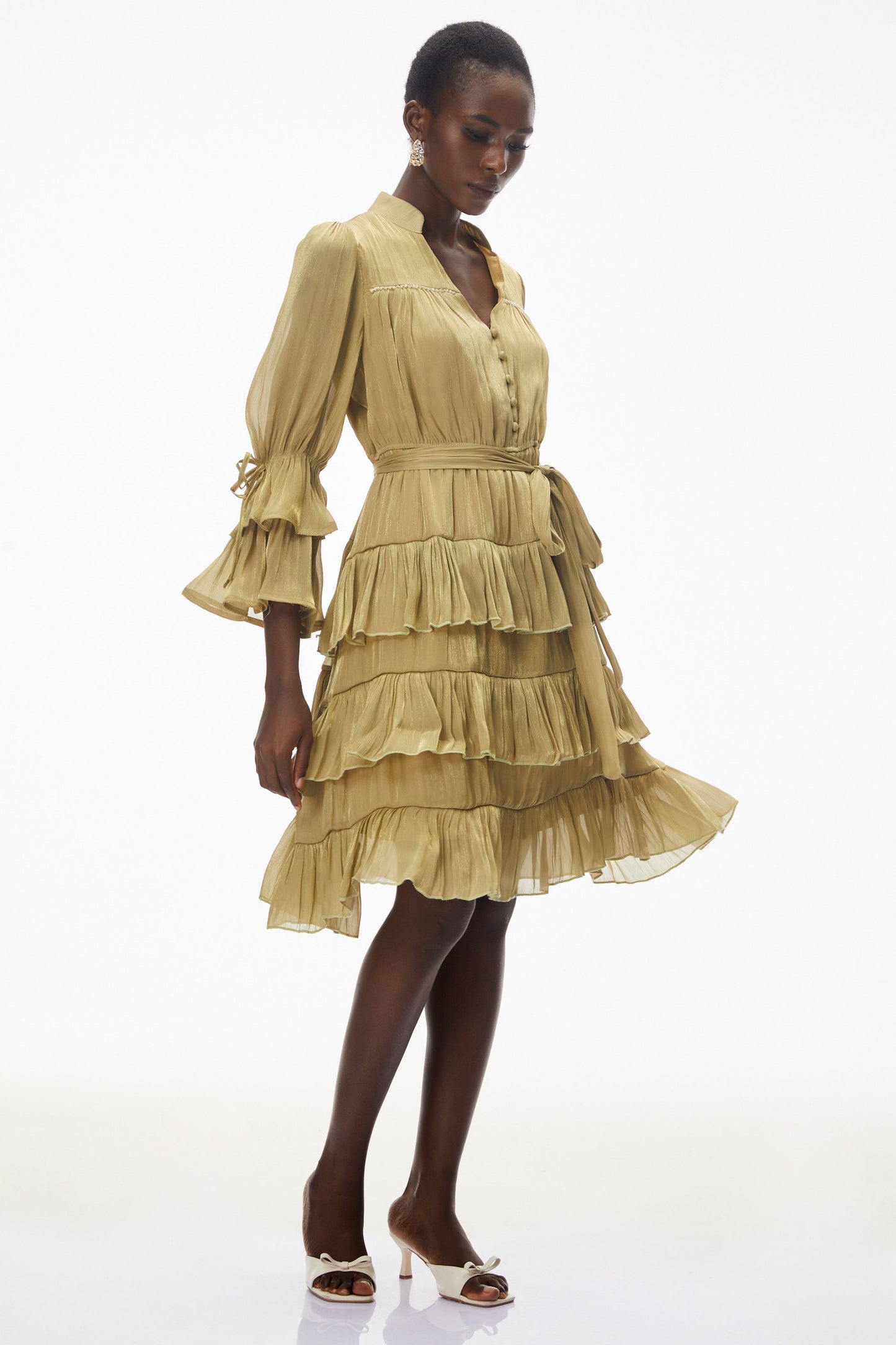 Kirke Green Ruffled Mini Dress with Bow