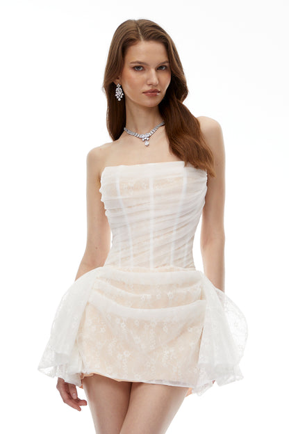 Krasava White Floral Lace Ruched Mini Dress