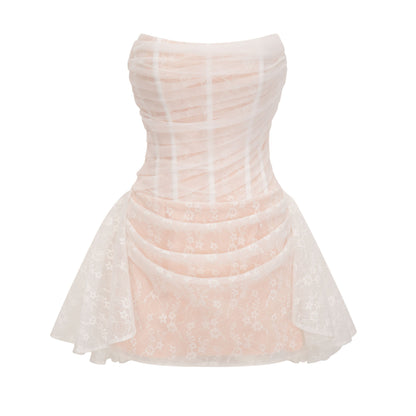 Krasava White Floral Lace Ruched Mini Dress
