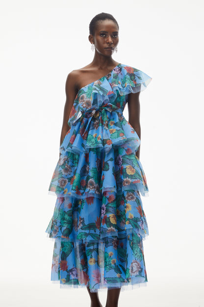 Kulthum Blue One Shoulder Floral Print Maxi Dress