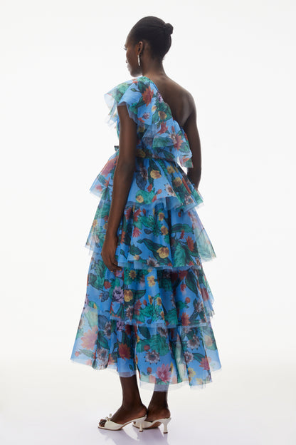Kulthum Blue One Shoulder Floral Print Maxi Dress
