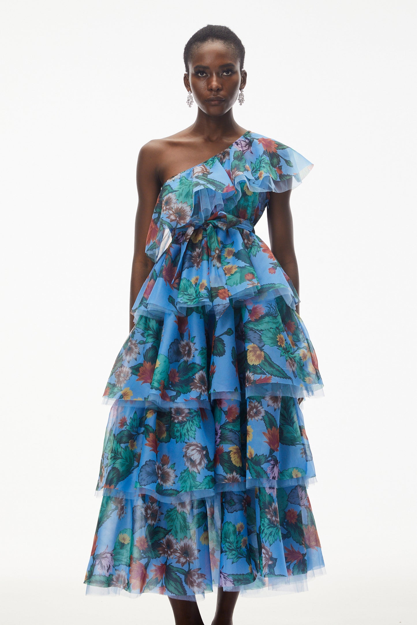 Kulthum Blue One Shoulder Floral Print Maxi Dress