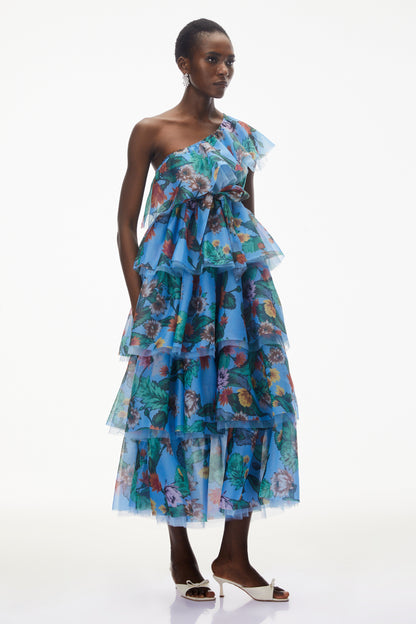 Kulthum Blue One Shoulder Floral Print Maxi Dress