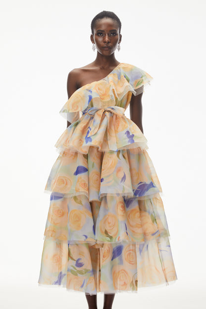 Kulthum Yellow One Shoulder Floral Print Maxi Dress
