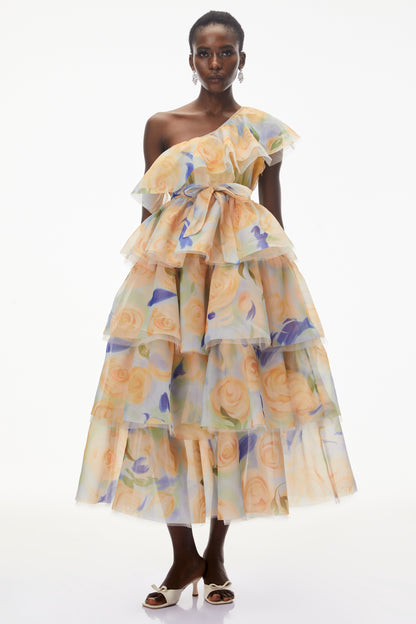 Kulthum Yellow One Shoulder Floral Print Maxi Dress