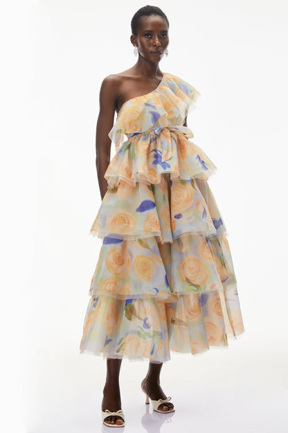 Kulthum Yellow One Shoulder Floral Print Maxi Dress