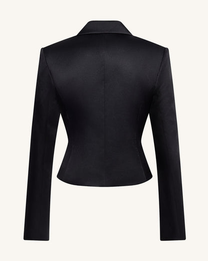 Saten Sculpted Bel Crop (Kısa Kesim) Blazer Ceket - Siyah
