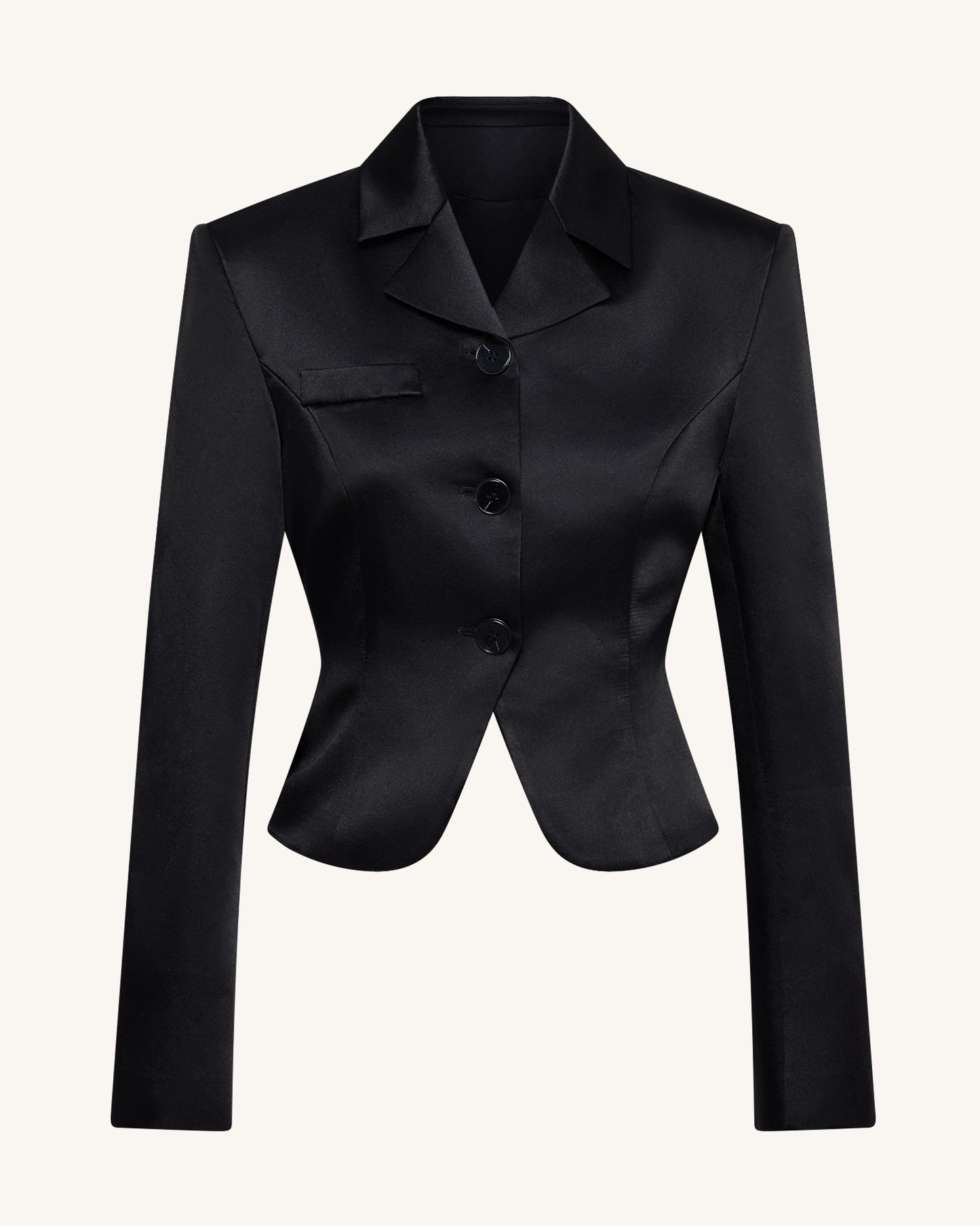 Saten Sculpted Bel Crop (Kısa Kesim) Blazer Ceket - Siyah
