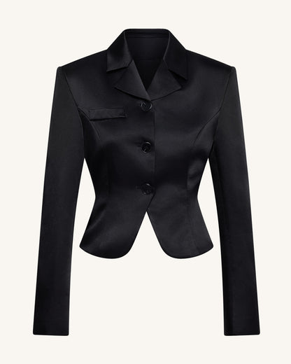Saten Sculpted Bel Crop (Kısa Kesim) Blazer Ceket - Siyah