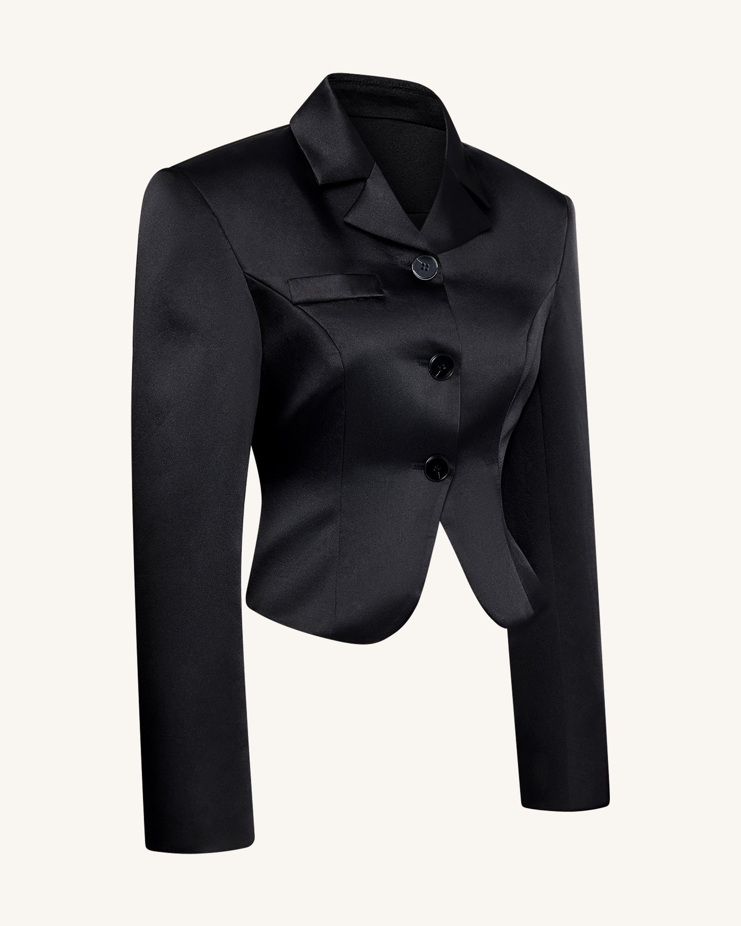 Saten Sculpted Bel Crop (Kısa Kesim) Blazer Ceket - Siyah