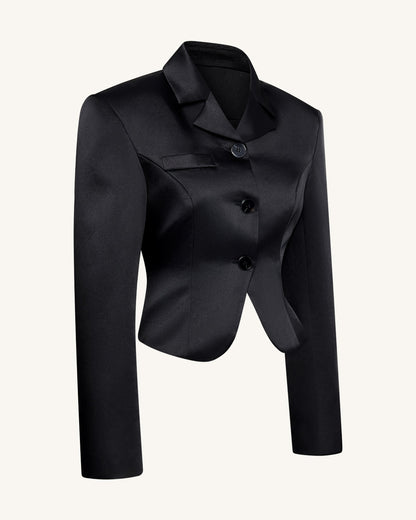 Saten Sculpted Bel Crop (Kısa Kesim) Blazer Ceket - Siyah