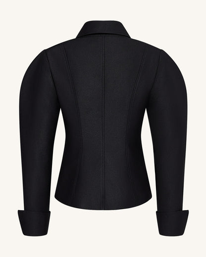 Scalloped Placket Paça Mutton Blazer Ceket - Siyah
