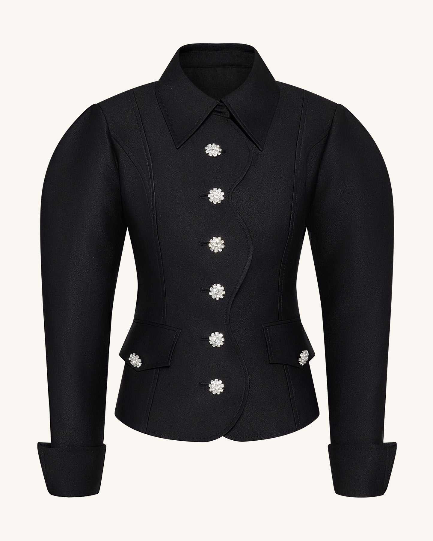 Scalloped Placket Paça Mutton Blazer Ceket - Siyah