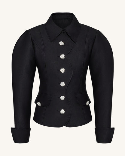 Scalloped Placket Paça Mutton Blazer Ceket - Siyah