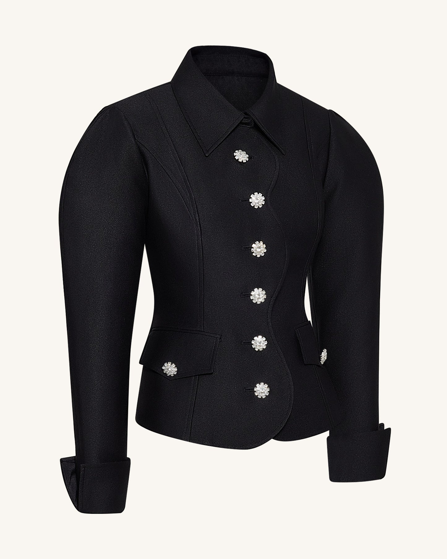 Scalloped Placket Paça Mutton Blazer Ceket - Siyah