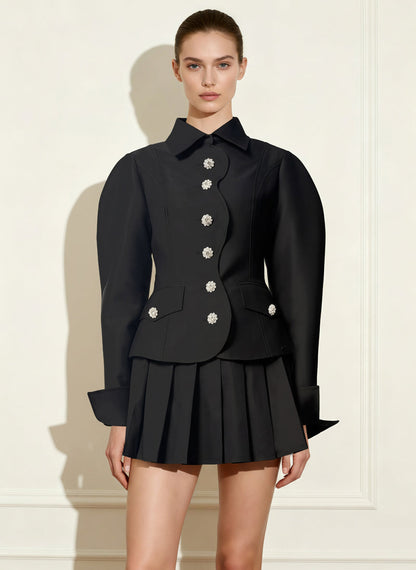 Scalloped Placket Paça Mutton Blazer Ceket - Siyah