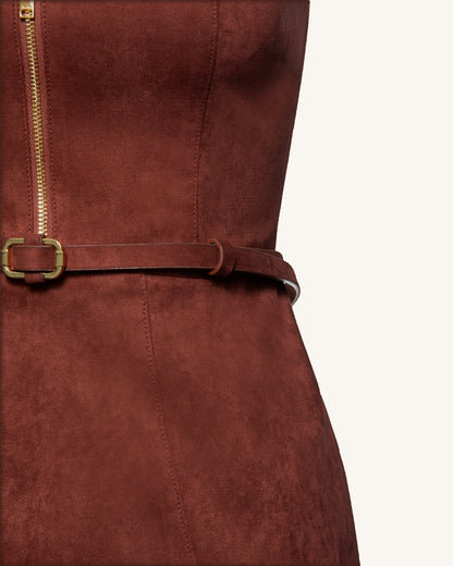 Suni Süet Halter Yaka Önden Fermuarlı Mini Elbise - Bordo