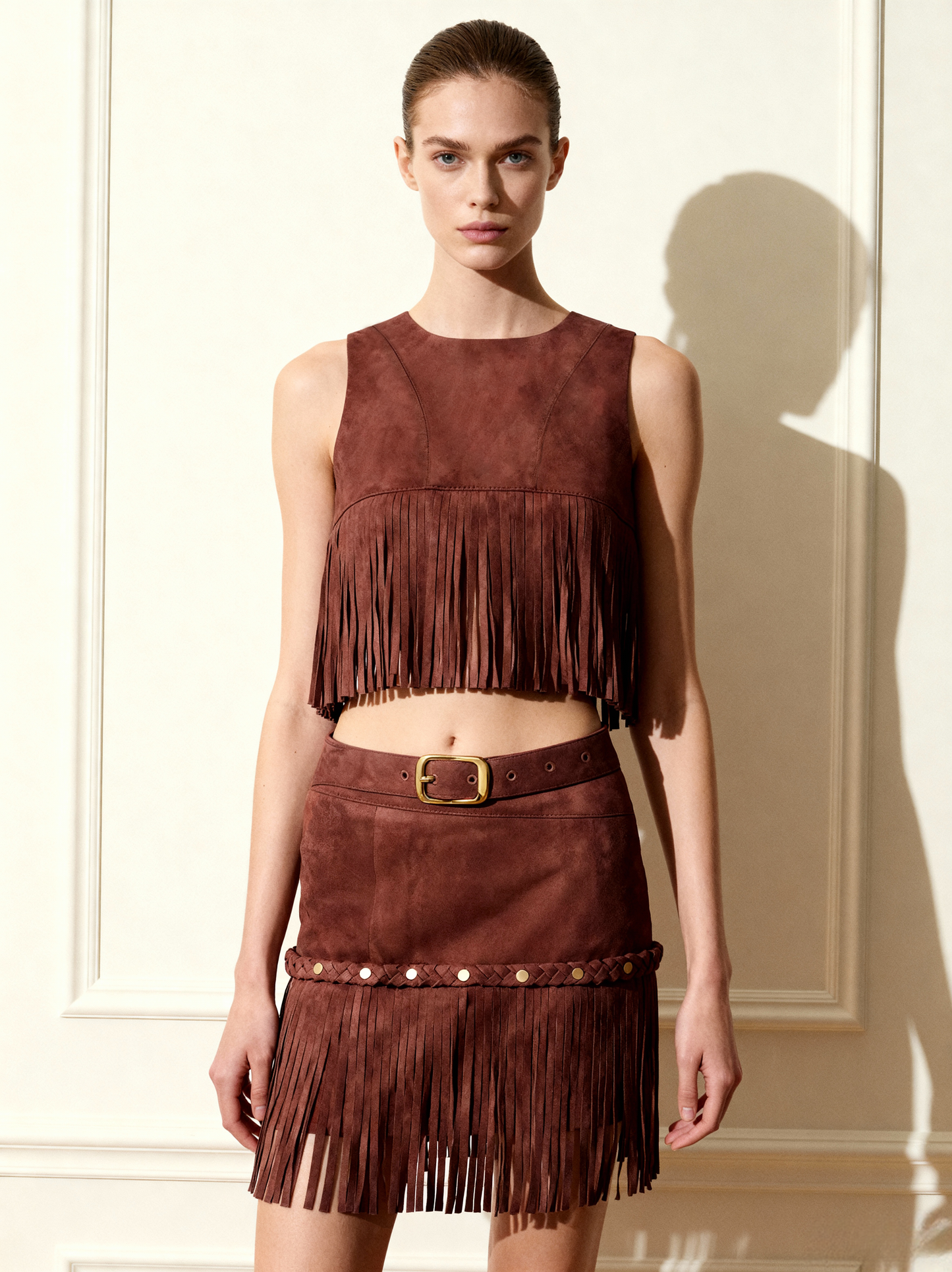 Suni Süet Püsküllü Halter Yaka - Bordo