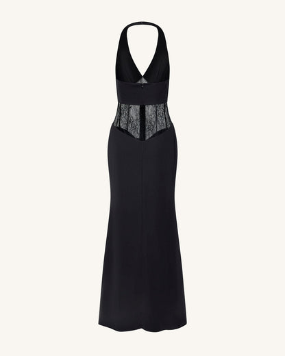 Büzgülü Dantel Panel Detaylı Maxi Elbise - Siyah