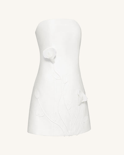 3D Vine Floral Strapless Mini Dress - White