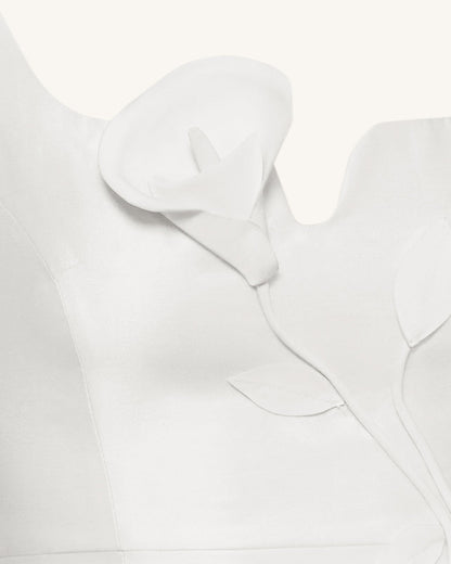 3D Vine-Appliqué Asimetrik Kalp Yaka Abiye Elbise - Beyaz