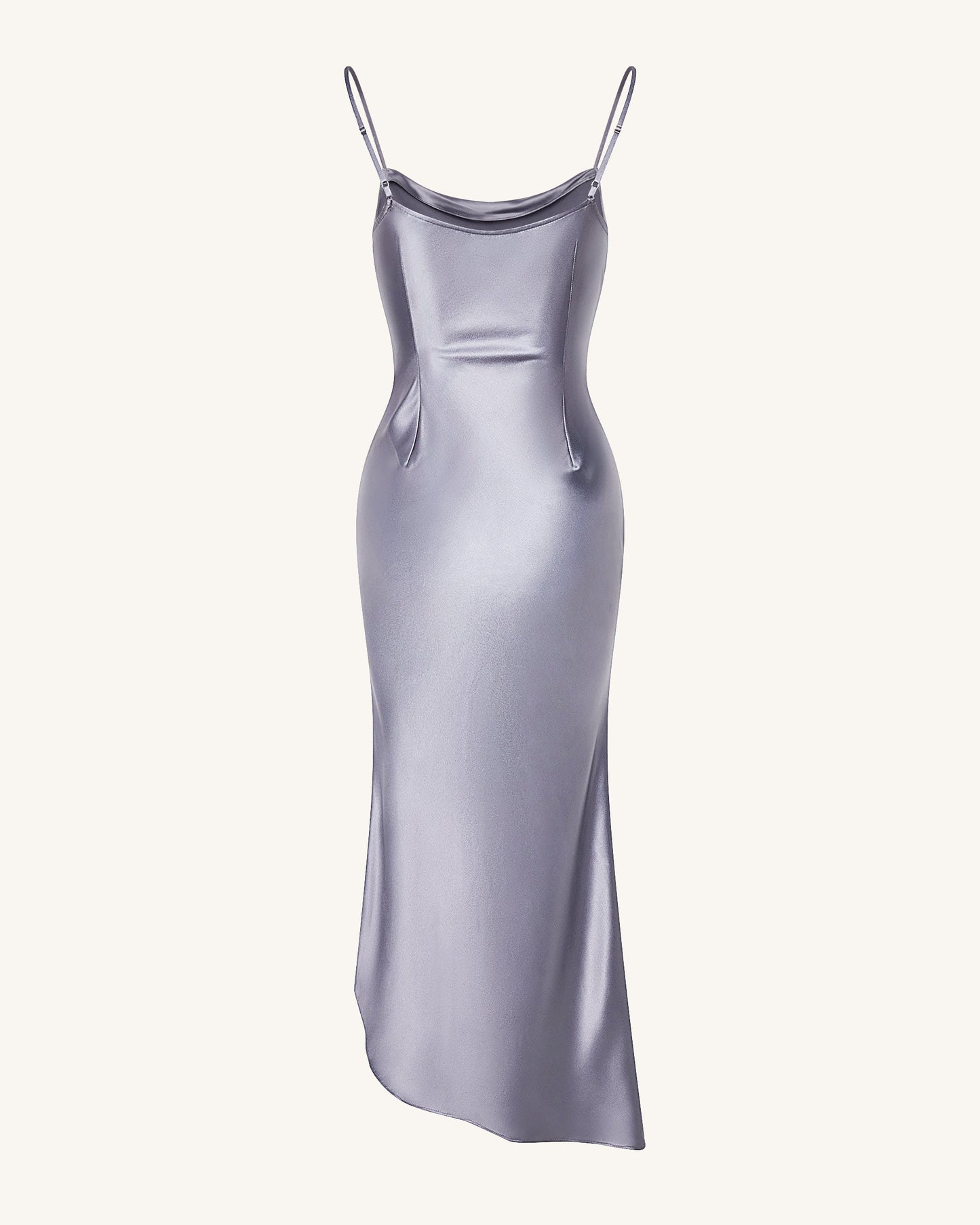 Sıvı Görünümlü Saten Drape Yırtmaçlı Abiye Elbise - Gümüş