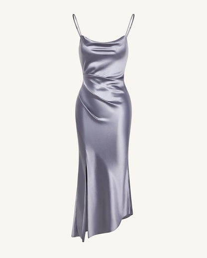 Sıvı Görünümlü Saten Drape Yırtmaçlı Abiye Elbise - Gümüş