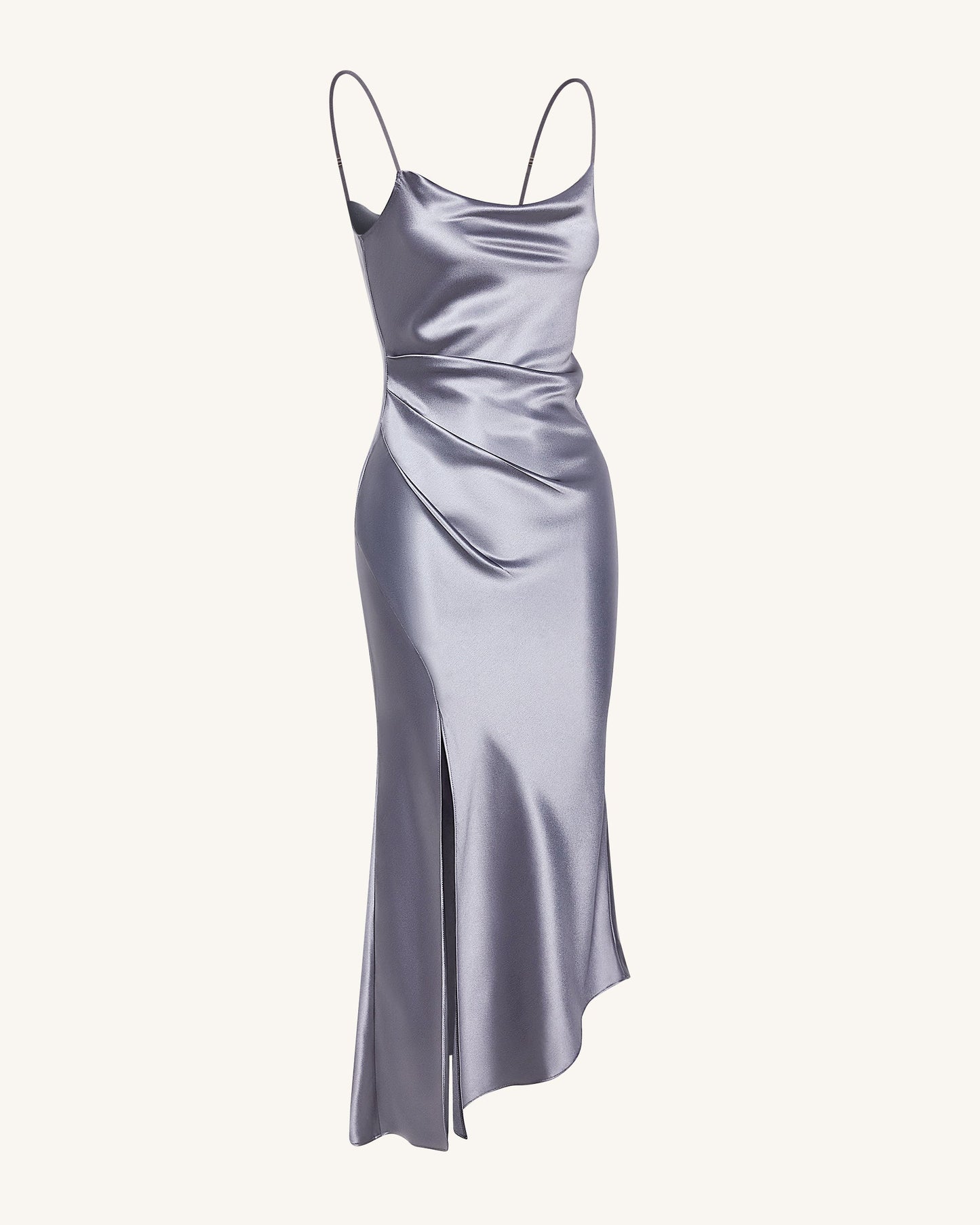 Sıvı Görünümlü Saten Drape Yırtmaçlı Abiye Elbise - Gümüş
