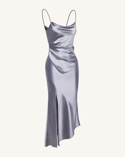 Sıvı Görünümlü Saten Drape Yırtmaçlı Abiye Elbise - Gümüş