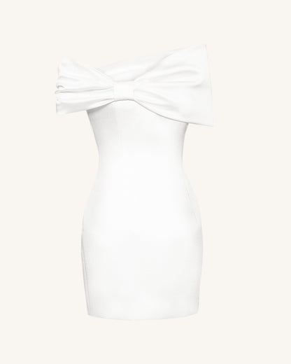 Saten Asimetrik Fiyonklu Mini Elbise - Beyaz