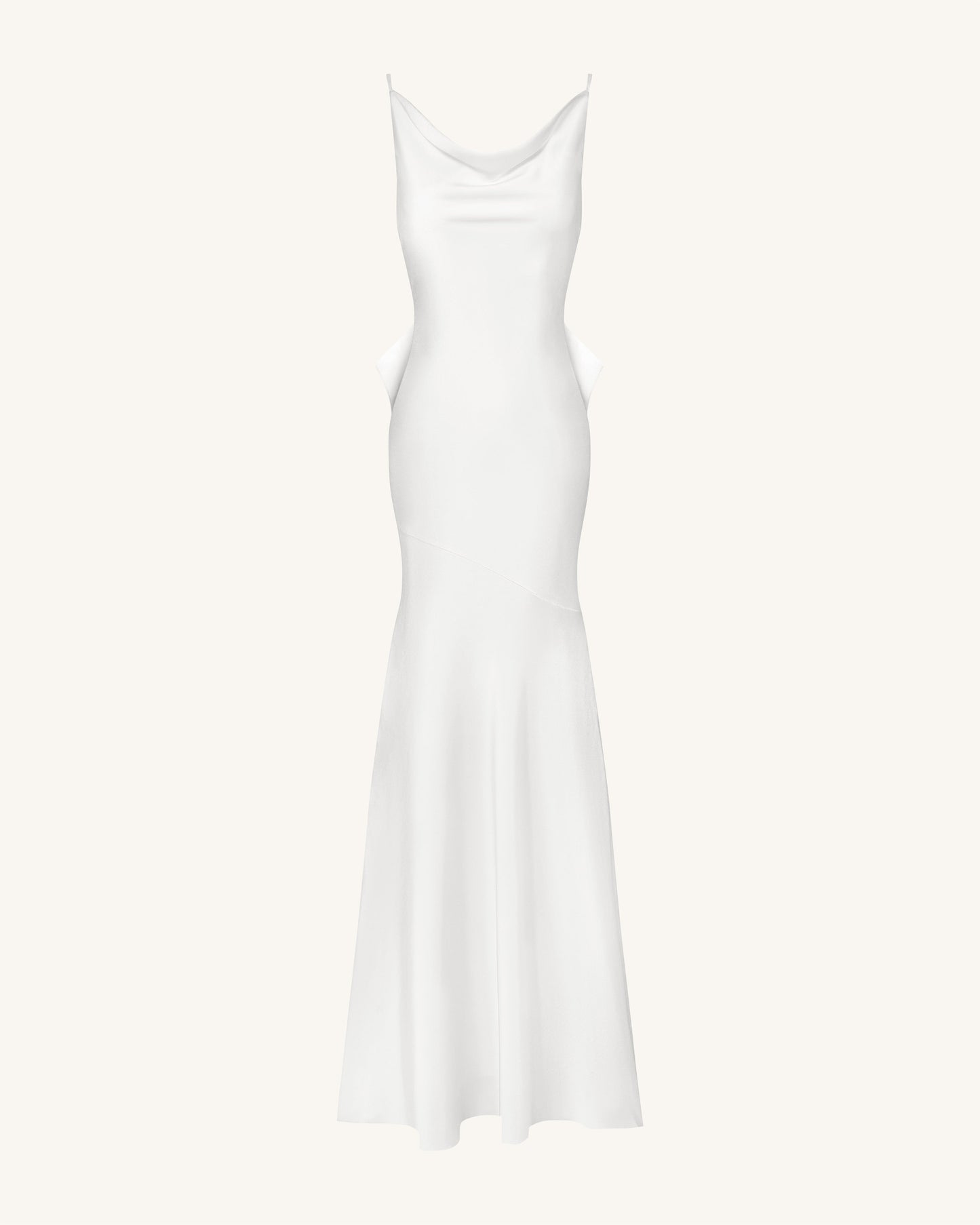 Saten Drape Yaka Arkası Fiyonklu Maxi Elbise - Beyaz