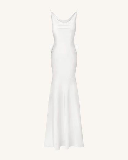 Saten Drape Yaka Arkası Fiyonklu Maxi Elbise - Beyaz