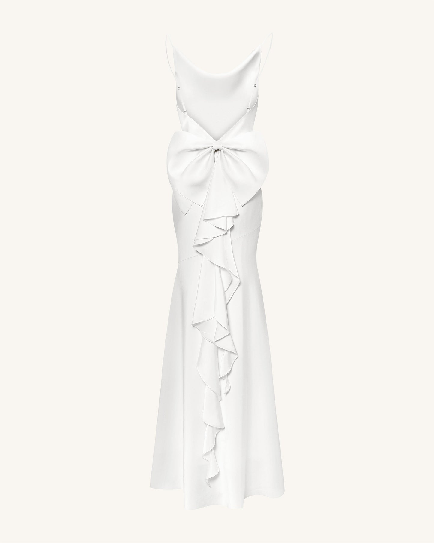Saten Drape Yaka Arkası Fiyonklu Maxi Elbise - Beyaz