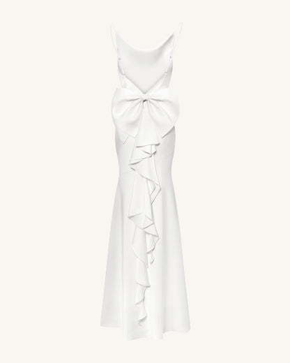 Saten Drape Yaka Arkası Fiyonklu Maxi Elbise - Beyaz