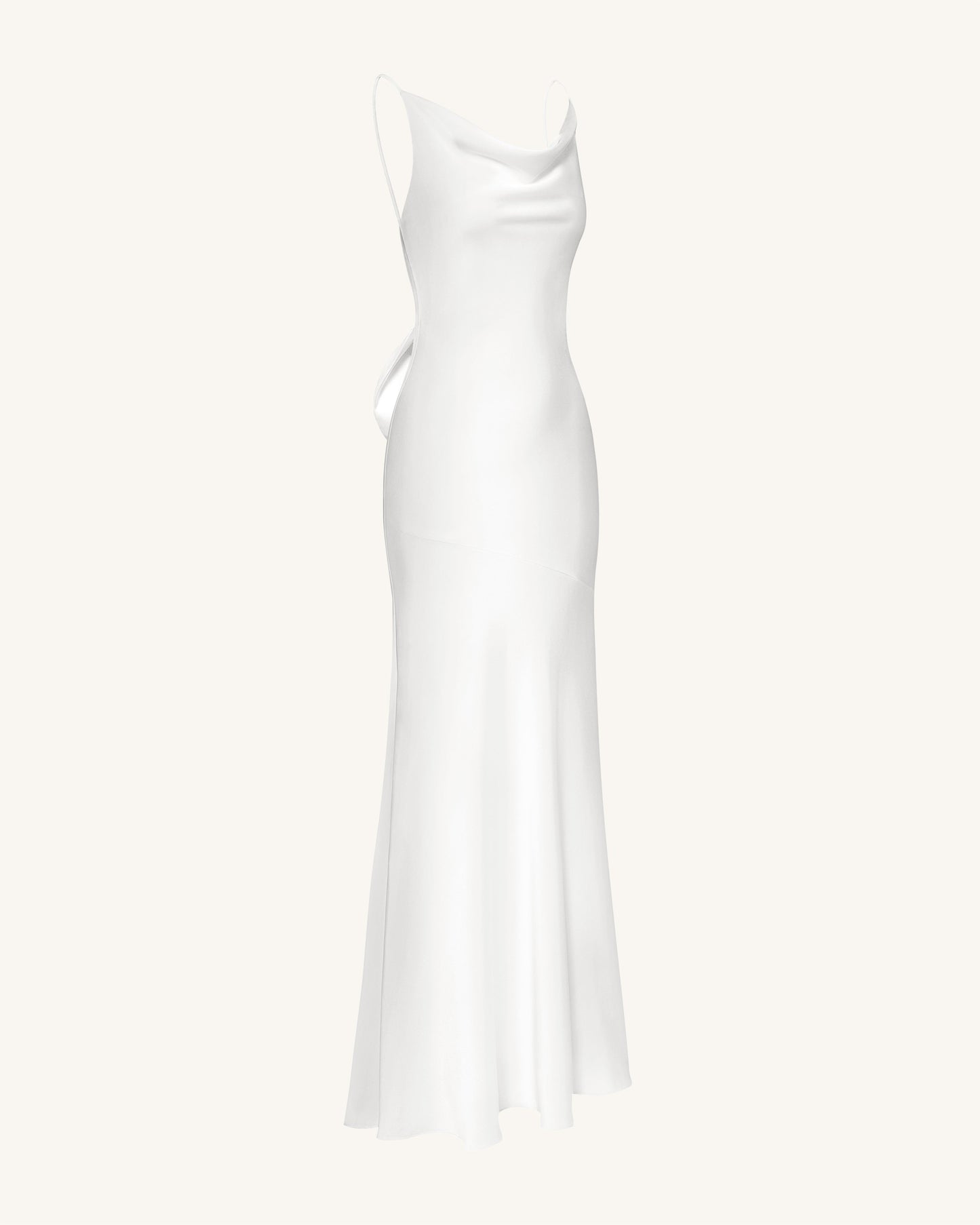 Saten Drape Yaka Arkası Fiyonklu Maxi Elbise - Beyaz