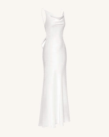 Saten Drape Yaka Arkası Fiyonklu Maxi Elbise - Beyaz