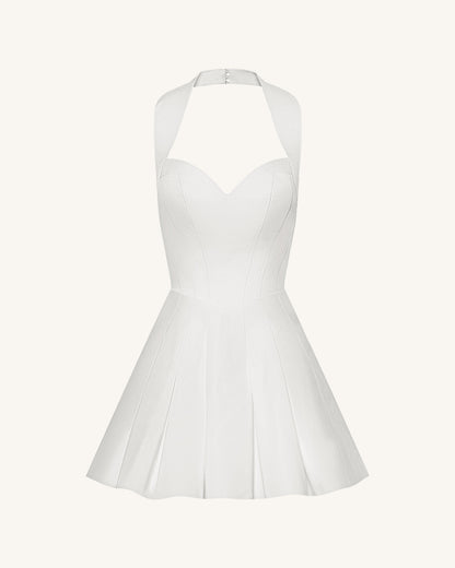 Pilili Büstiyer Halter Yaka Mini Elbise - Beyaz